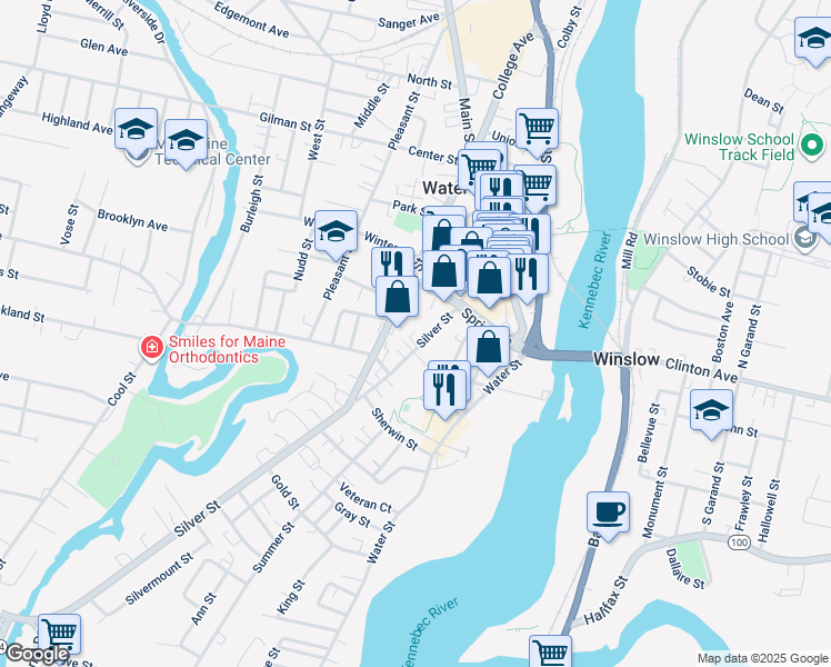 map of restaurants, bars, coffee shops, grocery stores, and more near 47 Silver Street in Waterville