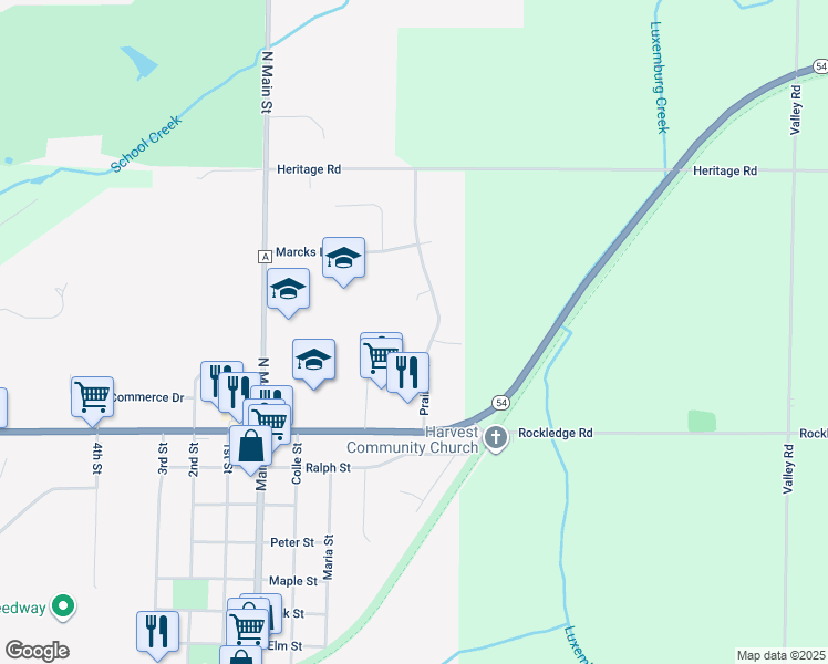 map of restaurants, bars, coffee shops, grocery stores, and more near 713 Prairie Court in Luxemburg
