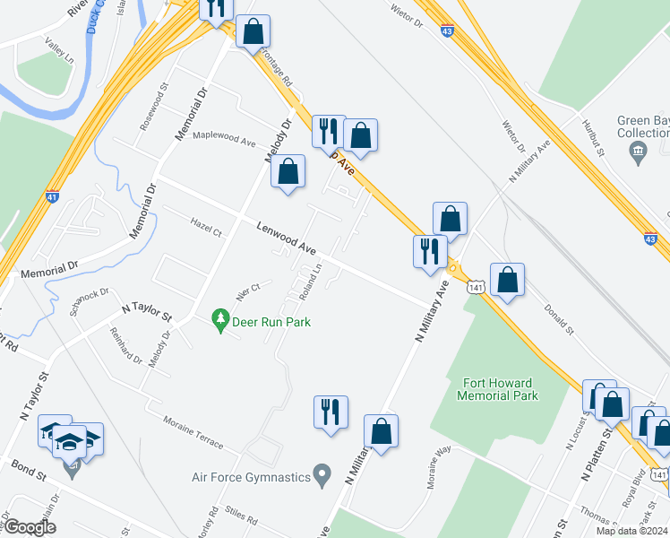 map of restaurants, bars, coffee shops, grocery stores, and more near 1689 Lenwood Avenue in Green Bay