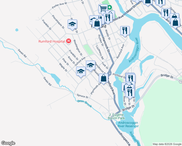 map of restaurants, bars, coffee shops, grocery stores, and more near 220 Franklin Street in Rumford