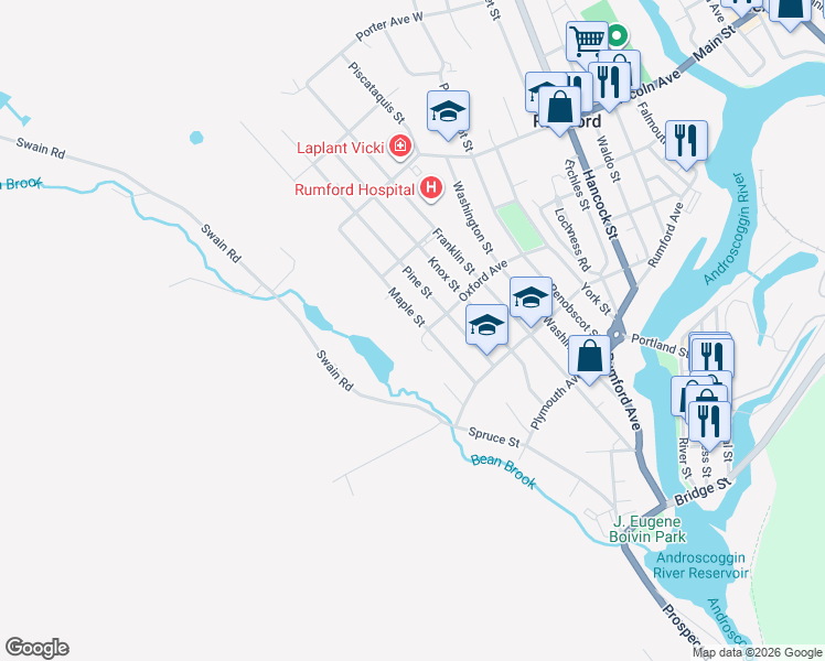 map of restaurants, bars, coffee shops, grocery stores, and more near 311 Maple Street in Rumford