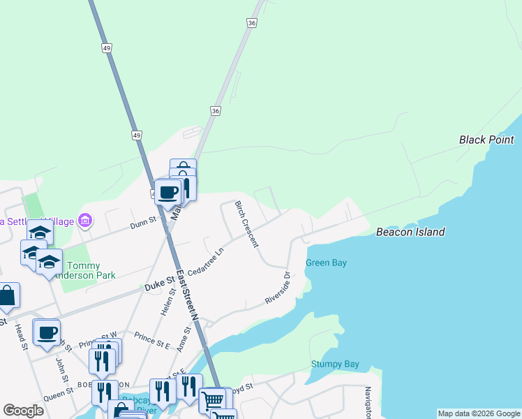 map of restaurants, bars, coffee shops, grocery stores, and more near Hemlock Crescent in Kawartha Lakes