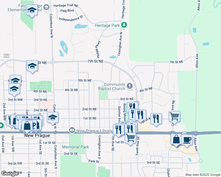 map of restaurants, bars, coffee shops, grocery stores, and more near 603 Lexington Avenue North in New Prague