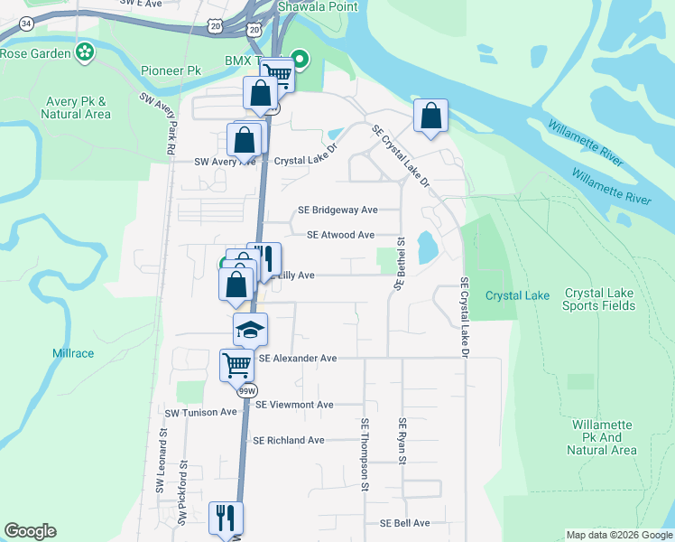 map of restaurants, bars, coffee shops, grocery stores, and more near 615 Southeast Lilly Avenue in Corvallis