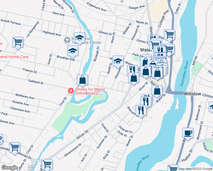 map of restaurants, bars, coffee shops, grocery stores, and more near 6 Crommett Street in Waterville