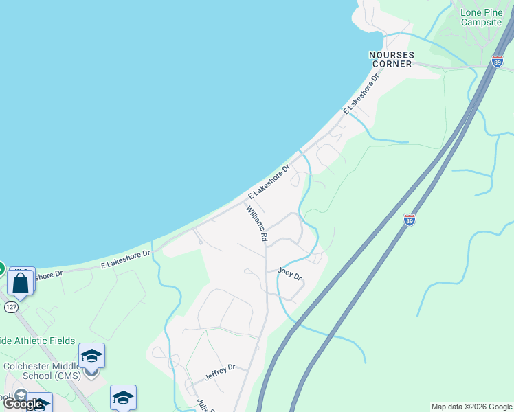 map of restaurants, bars, coffee shops, grocery stores, and more near 852 East Lakeshore Drive in Colchester