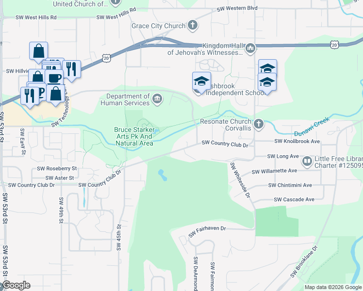 map of restaurants, bars, coffee shops, grocery stores, and more near 3929 Southwest Country Club Drive in Corvallis