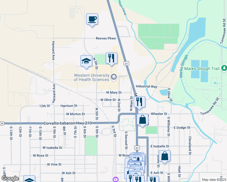 map of restaurants, bars, coffee shops, grocery stores, and more near 352 North 2nd Street in Lebanon