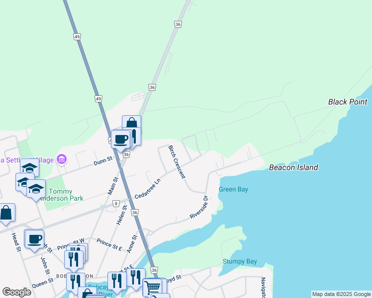 map of restaurants, bars, coffee shops, grocery stores, and more near Hemlock Crescent in Kawartha Lakes