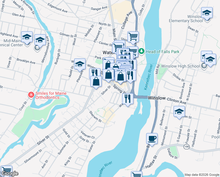 map of restaurants, bars, coffee shops, grocery stores, and more near 36 Silver Street in Waterville