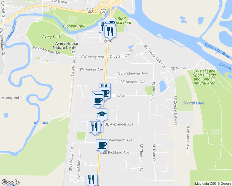 map of restaurants, bars, coffee shops, grocery stores, and more near 215 Southeast Lilly Avenue in Corvallis