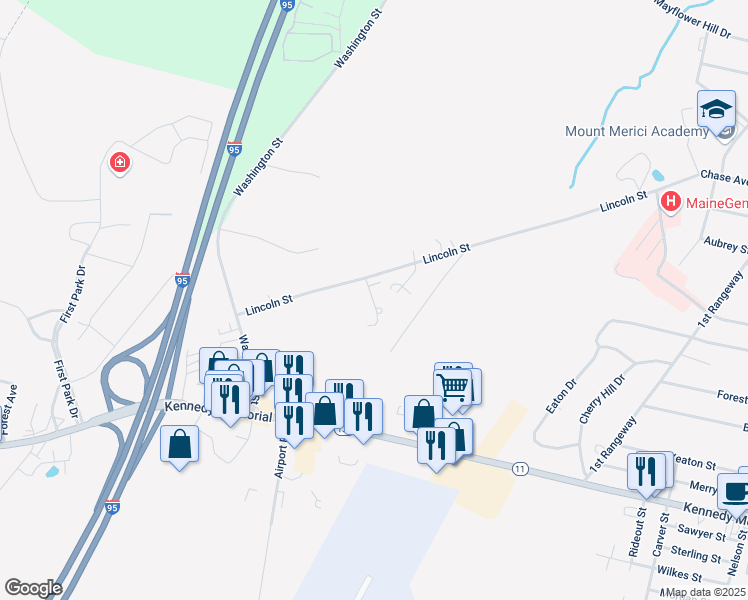map of restaurants, bars, coffee shops, grocery stores, and more near 11 Dylan Circle in Waterville