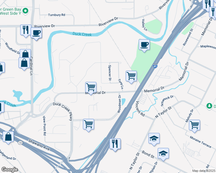 map of restaurants, bars, coffee shops, grocery stores, and more near 2315 Oliver Lane in Green Bay