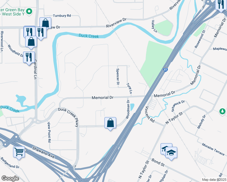 map of restaurants, bars, coffee shops, grocery stores, and more near 2315 Oliver Lane in Green Bay