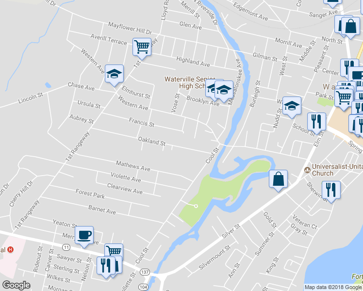 map of restaurants, bars, coffee shops, grocery stores, and more near 21 Oakland Street in Waterville
