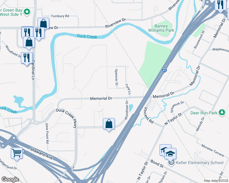 map of restaurants, bars, coffee shops, grocery stores, and more near 2315 Oliver Lane in Green Bay