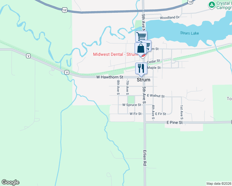 map of restaurants, bars, coffee shops, grocery stores, and more near 303 West Walnut Street in Strum