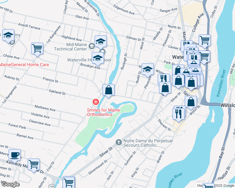 map of restaurants, bars, coffee shops, grocery stores, and more near 63 Western Avenue in Waterville