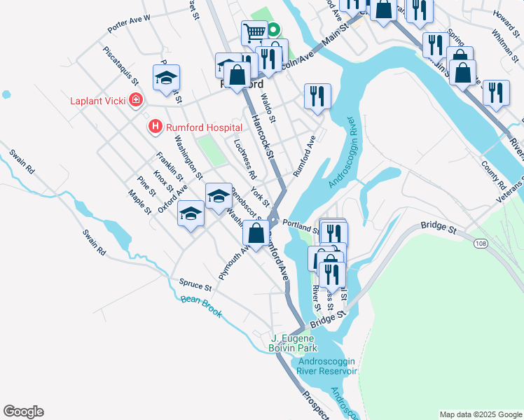 map of restaurants, bars, coffee shops, grocery stores, and more near 107 York Street in Rumford