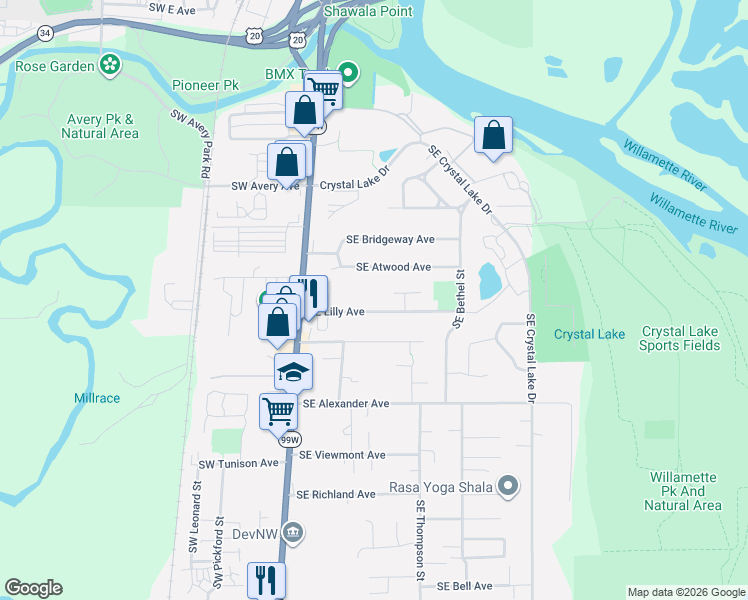 map of restaurants, bars, coffee shops, grocery stores, and more near 453 Southeast Lilly Avenue in Corvallis