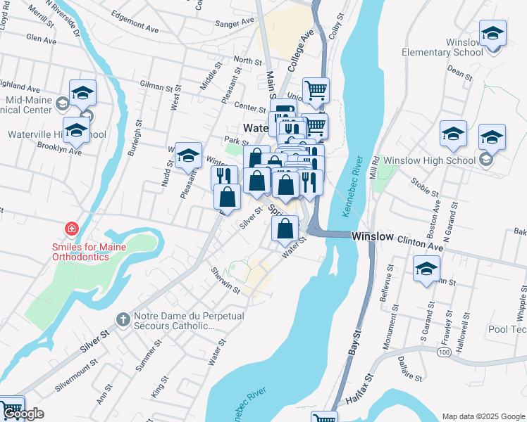 map of restaurants, bars, coffee shops, grocery stores, and more near 36 Silver Street in Waterville