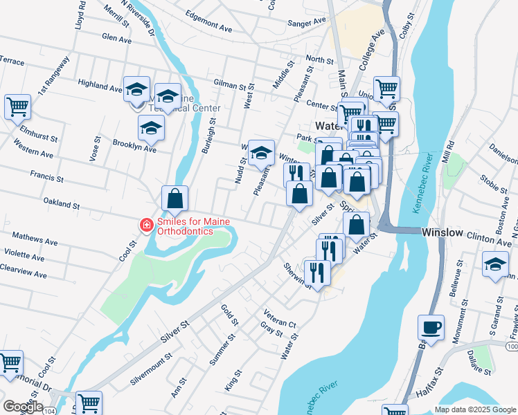 map of restaurants, bars, coffee shops, grocery stores, and more near 16 Belmont Avenue in Waterville