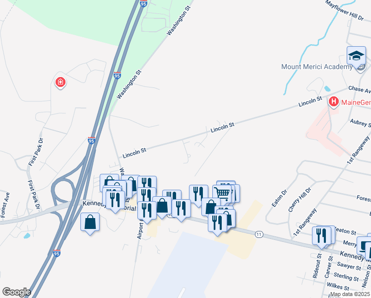 map of restaurants, bars, coffee shops, grocery stores, and more near 11 Dylan Circle in Waterville