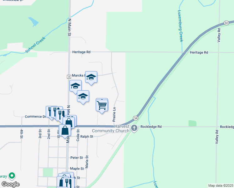 map of restaurants, bars, coffee shops, grocery stores, and more near 368 Prairie Lane in Luxemburg