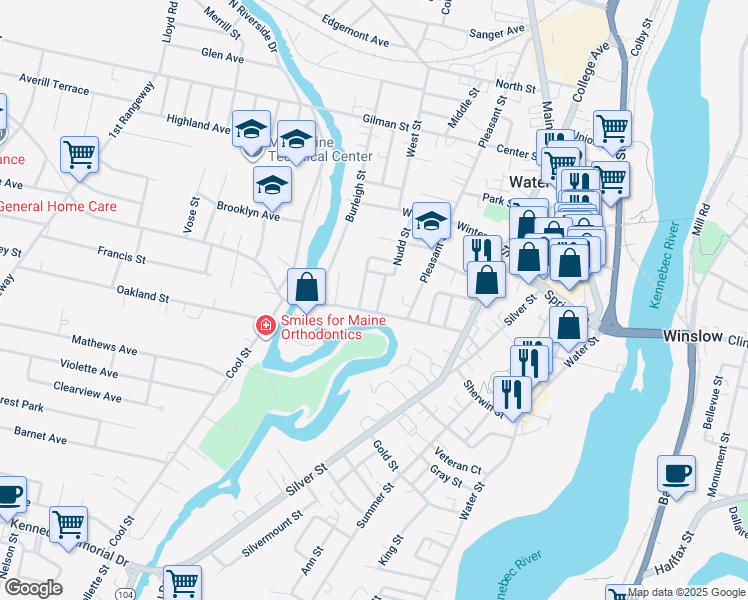 map of restaurants, bars, coffee shops, grocery stores, and more near 6 Crommett Street in Waterville