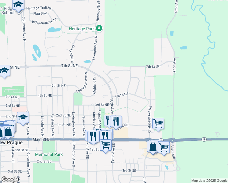map of restaurants, bars, coffee shops, grocery stores, and more near 502 Ironwood Avenue in New Prague