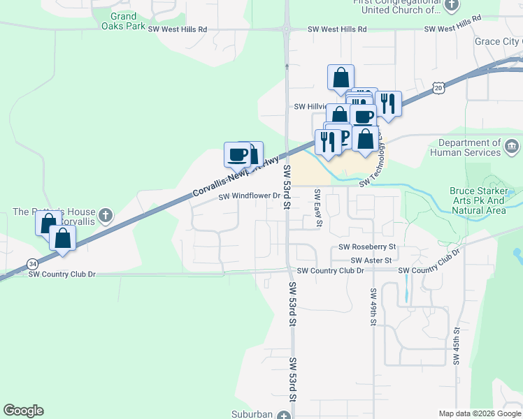 map of restaurants, bars, coffee shops, grocery stores, and more near 1677 Southwest Leland Place in Corvallis