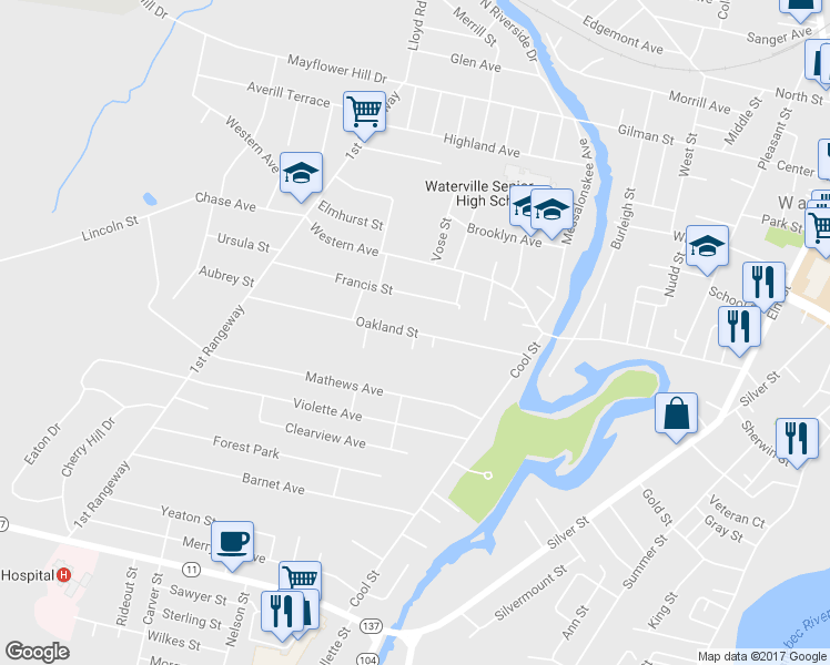 map of restaurants, bars, coffee shops, grocery stores, and more near 39 Oakland Street in Waterville
