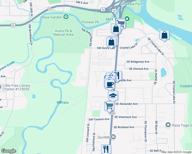 map of restaurants, bars, coffee shops, grocery stores, and more near 1730 Southwest Edging Drive in Corvallis