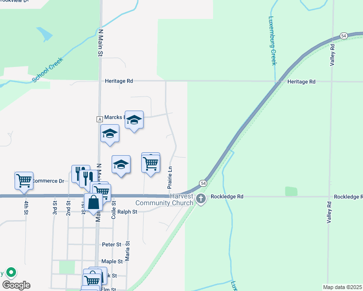map of restaurants, bars, coffee shops, grocery stores, and more near 368 Prairie Lane in Luxemburg