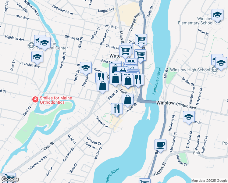 map of restaurants, bars, coffee shops, grocery stores, and more near 47 Silver Street in Waterville