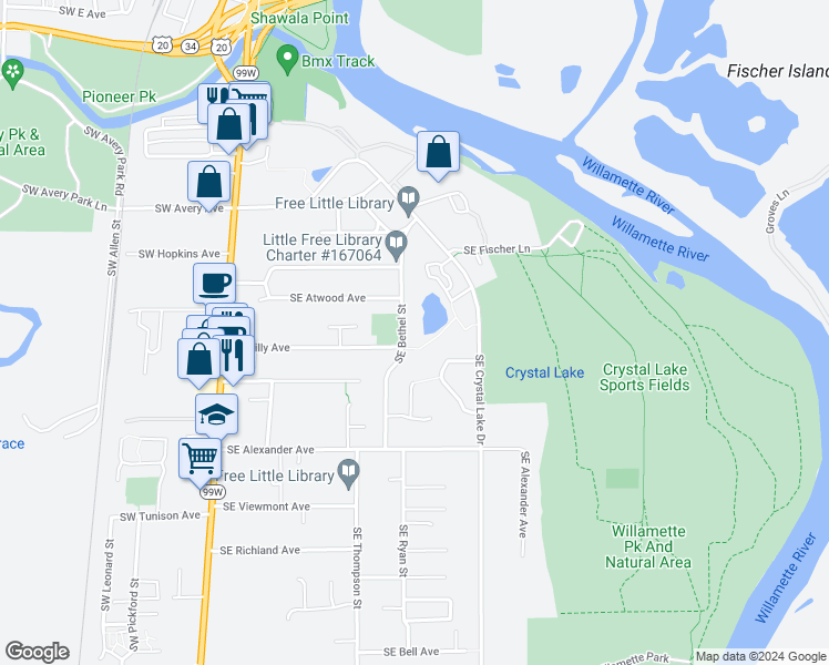 map of restaurants, bars, coffee shops, grocery stores, and more near 1777 Southeast Bethel Street in Corvallis
