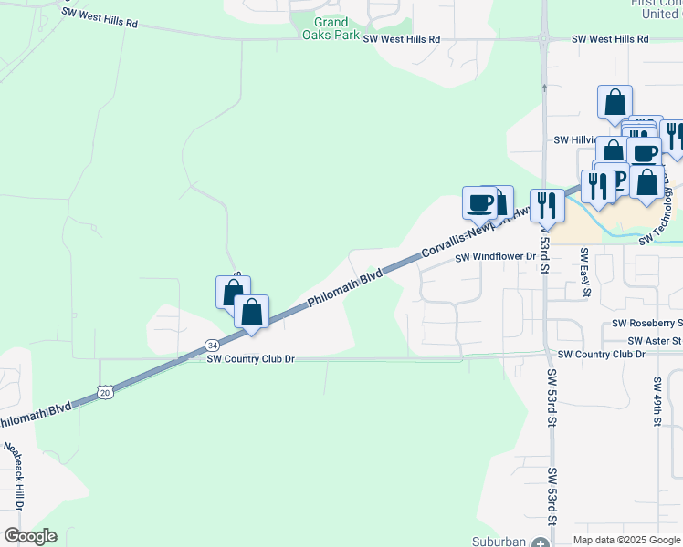 map of restaurants, bars, coffee shops, grocery stores, and more near 6075 Philomath Boulevard in Corvallis