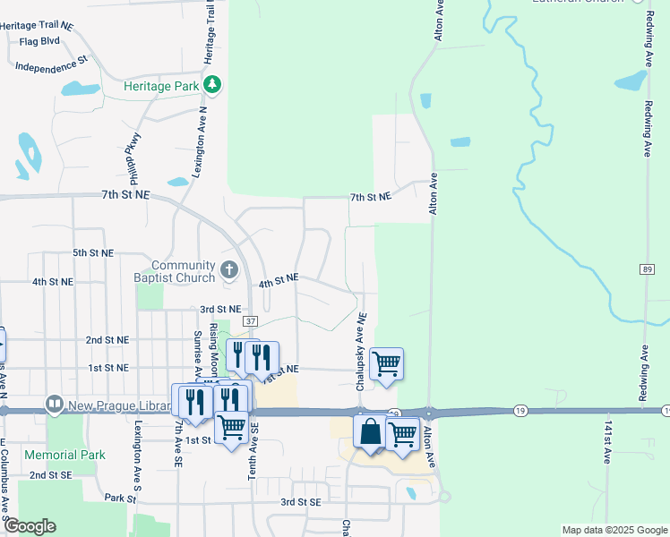 map of restaurants, bars, coffee shops, grocery stores, and more near 503 Cottonwood Lane in New Prague