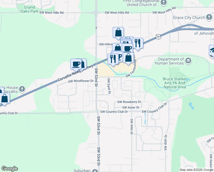 map of restaurants, bars, coffee shops, grocery stores, and more near 1754 Southwest Easy Street in Corvallis