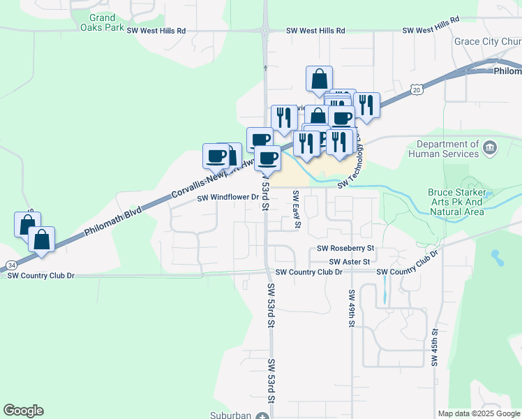map of restaurants, bars, coffee shops, grocery stores, and more near 1680 Southwest 53rd Street in Corvallis