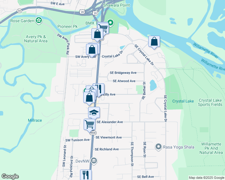 map of restaurants, bars, coffee shops, grocery stores, and more near 453 Southeast Lilly Avenue in Corvallis