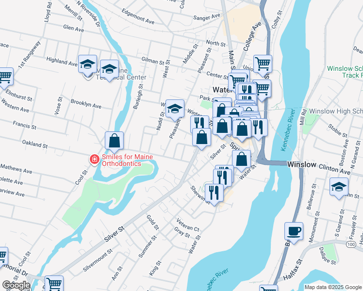 map of restaurants, bars, coffee shops, grocery stores, and more near 16 Belmont Avenue in Waterville