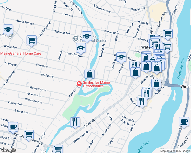 map of restaurants, bars, coffee shops, grocery stores, and more near 63 Western Avenue in Waterville