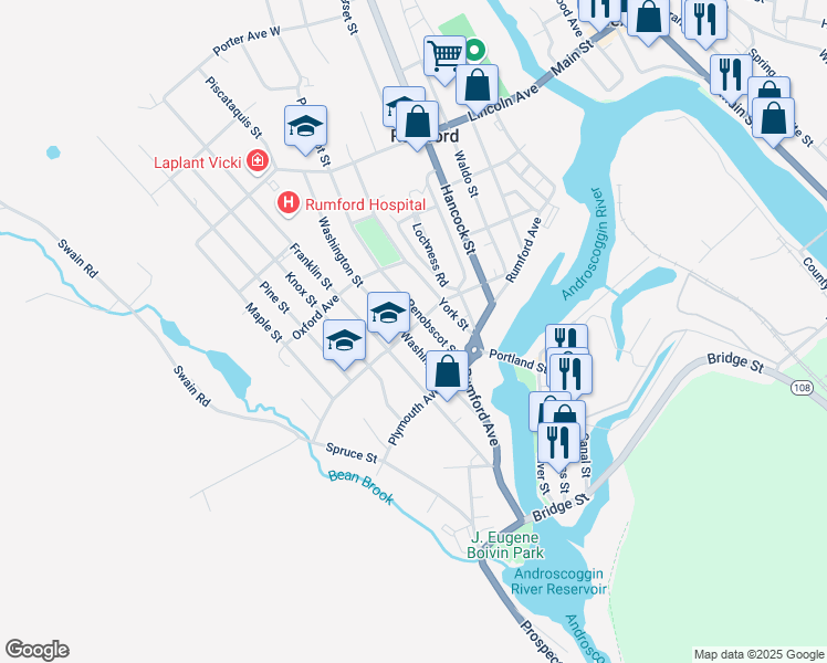 map of restaurants, bars, coffee shops, grocery stores, and more near 137 Penobscot Street in Rumford
