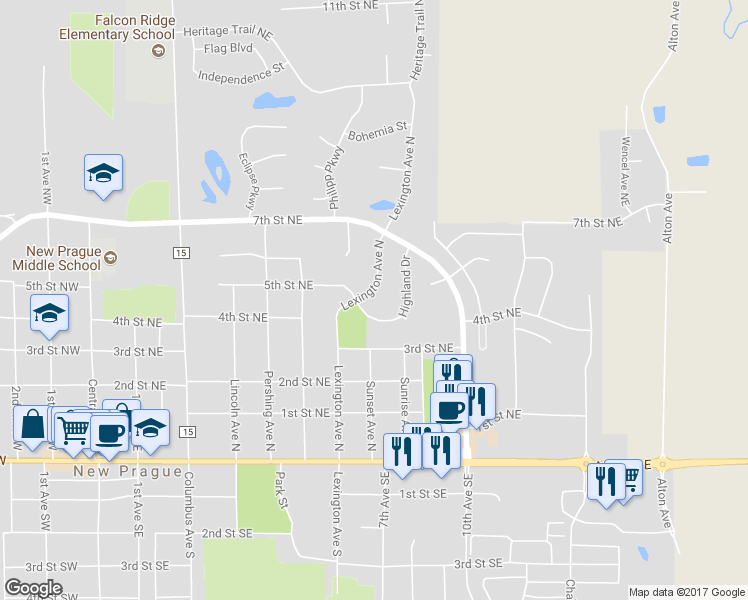 map of restaurants, bars, coffee shops, grocery stores, and more near 603 Lexington Avenue North in New Prague