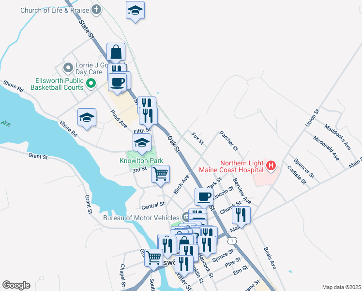 map of restaurants, bars, coffee shops, grocery stores, and more near 111 Oak St in Ellsworth