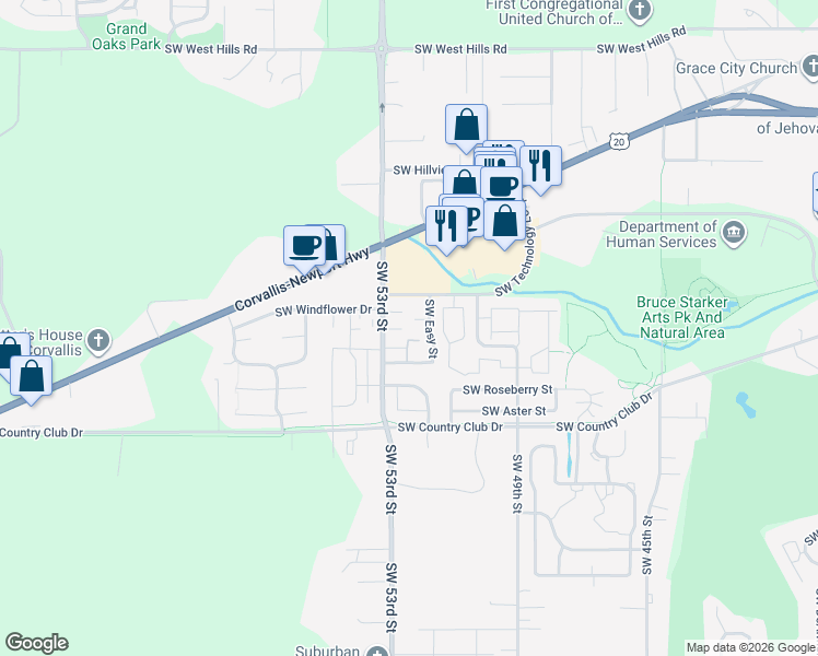 map of restaurants, bars, coffee shops, grocery stores, and more near 5246 Southwest Rose Place in Corvallis