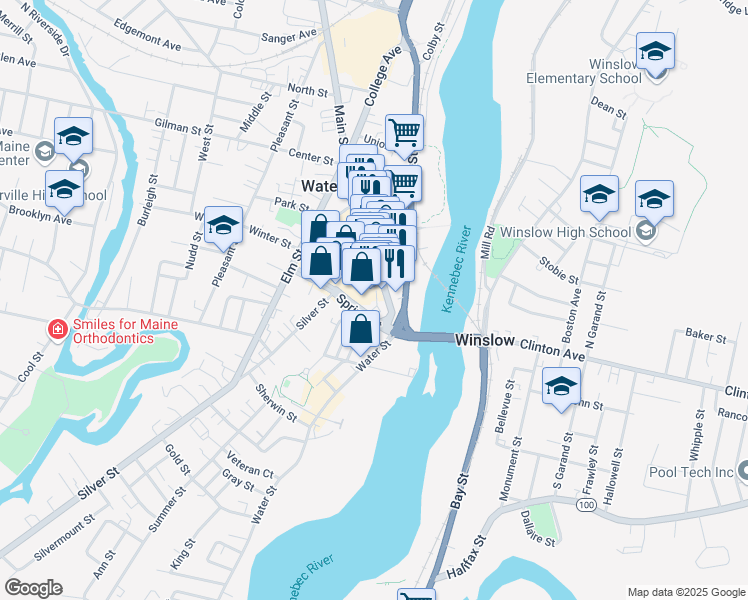 map of restaurants, bars, coffee shops, grocery stores, and more near 14 Silver Street in Waterville
