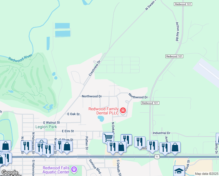 map of restaurants, bars, coffee shops, grocery stores, and more near 213 Driftwood Lane in Redwood Falls