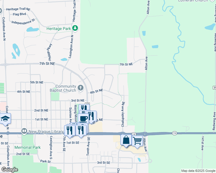 map of restaurants, bars, coffee shops, grocery stores, and more near 503 Cottonwood Lane in New Prague